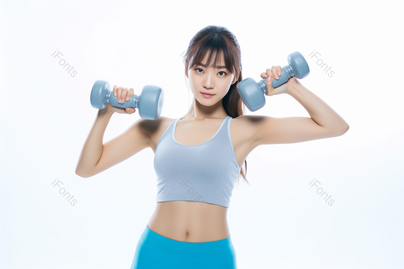 白色背景健身女性举哑铃动作摄影图,高清,摄影图,摄影图片,图片大全,摄影图免费下载